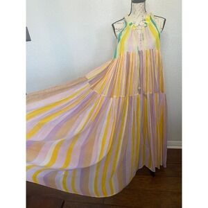 Bianca Paris Multi Color Maxi Dress Striped Tiered Gauze Halter OS Boho Summer